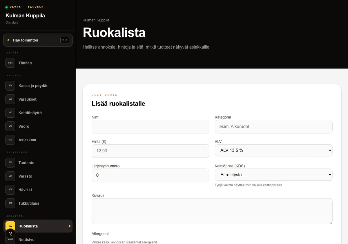 Ruokalistan tuotelomake, jossa allergeenien ja ruokavaliomerkintöjen valinnat.