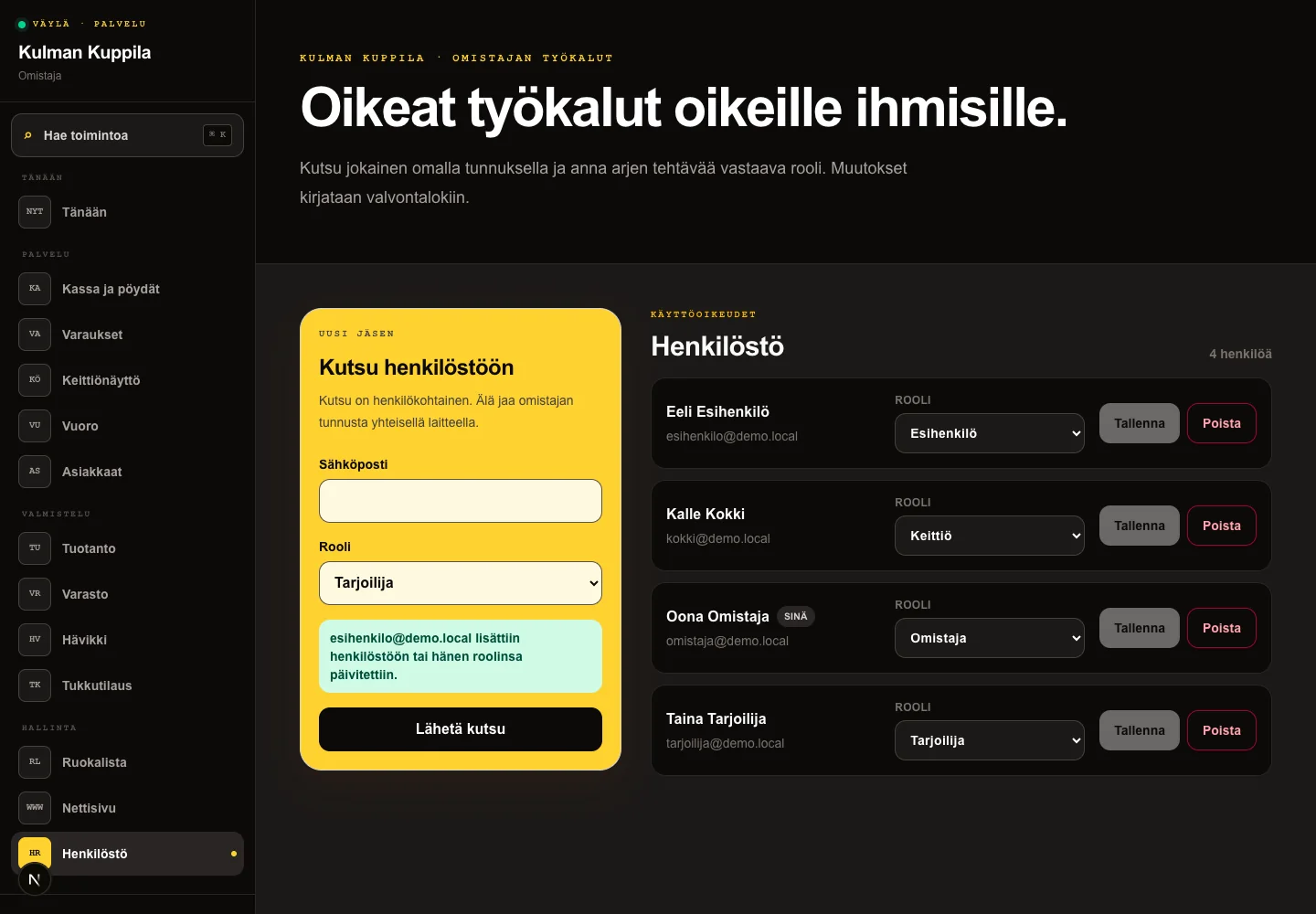 Henkilöstön hallintanäkymä, jossa näkyvät työntekijät ja heidän roolinsa.