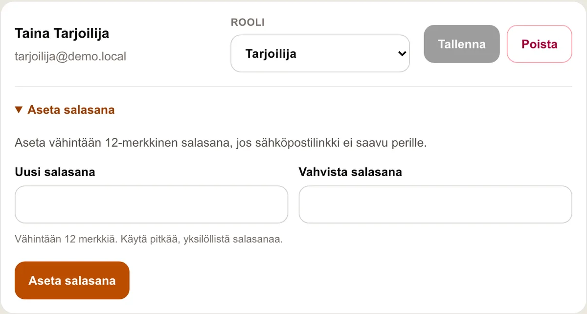 Henkilöstö-näkymän jäsenkortti, jonka Aseta salasana -osiossa näkyvät uuden salasanan ja vahvistuksen kentät.