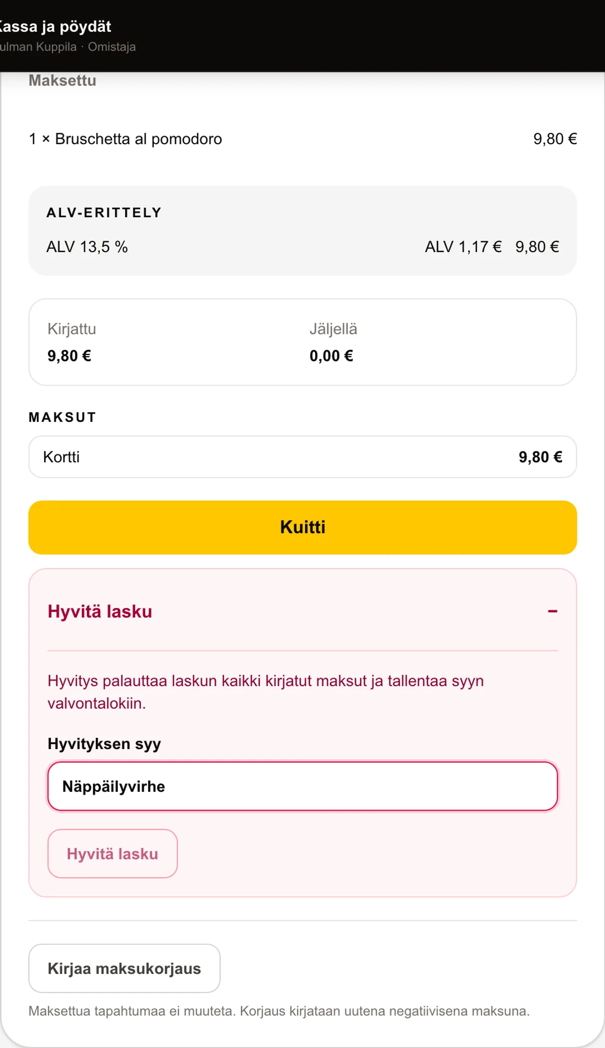 Maksettu lasku, jonka Hyvitä lasku -osio on avattu ja hyvityksen syy on täytetty.