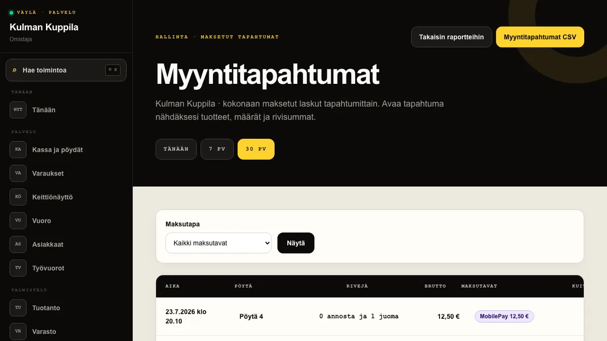 Myyntitapahtumat-näkymä, jossa maksetut laskut näkyvät annos- ja juomamäärineen ja yksi tapahtuma on avattu tuoteriveille.