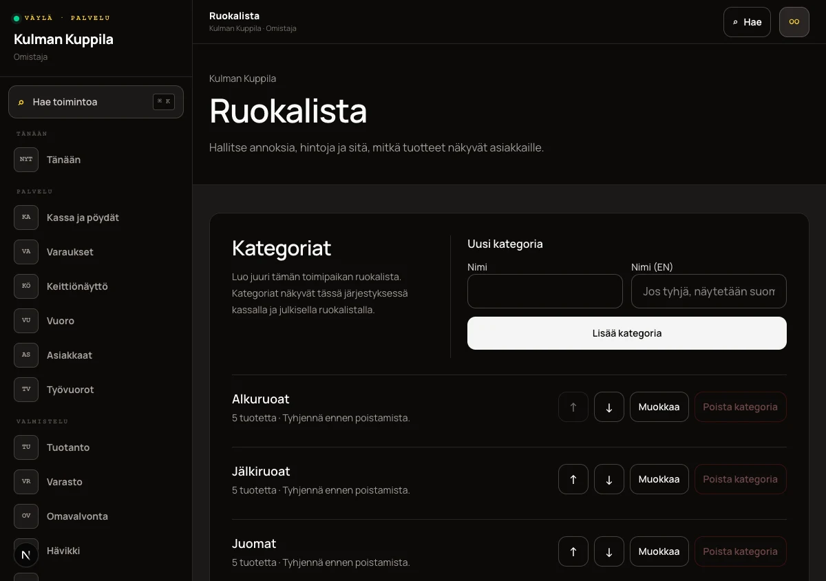 Ruokalistan kategorioiden hallinta ja tiivis tuotelista saatavuus-, näkyvyys- ja muokkauspainikkeineen.