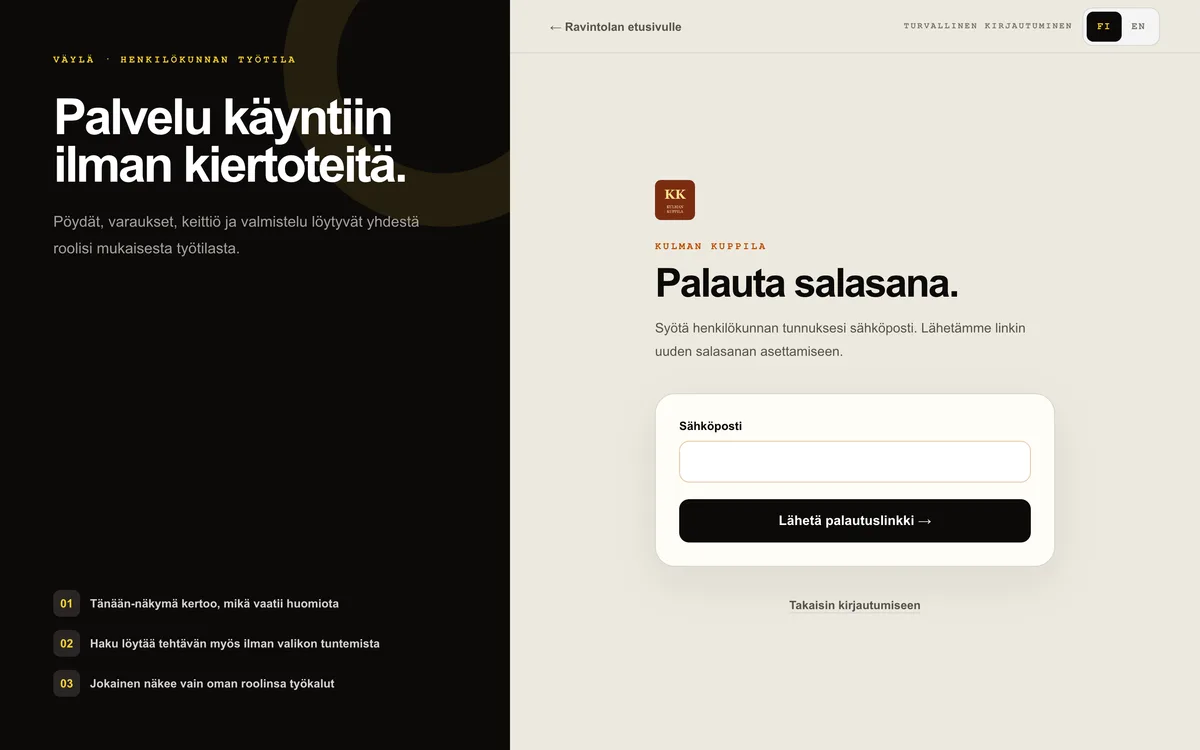 Väylän Palauta salasana -näkymä, jossa palautuslinkkiä pyydetään sähköpostiosoitteella.