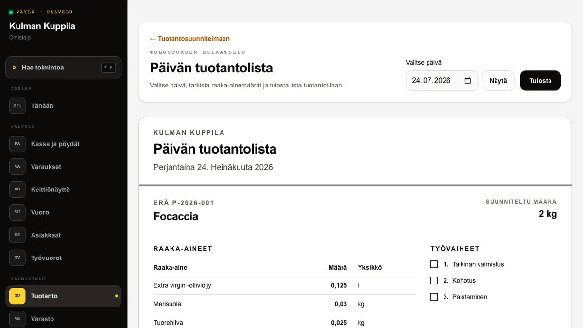 Päivän tuotantolistan tulostusesikatselu, jossa näkyvät erät, raaka-aineet ja työvaiheiden kuittausruudut.