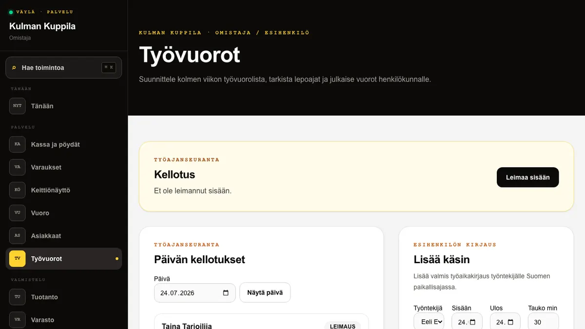 Työvuorot-sivun Kellotus-kortti ja esihenkilön Päivän kellotukset -luettelo.
